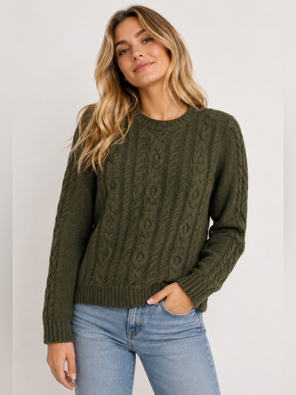 L.L.Bean Olive Green Cable Knit Sweater | Women’s L